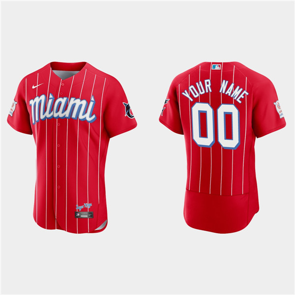 Men's Miami Marlins ACTIVE PLAYER Custom Red 2021 City Connect Flex Base Stitched MLB Jersey - Click Image to Close